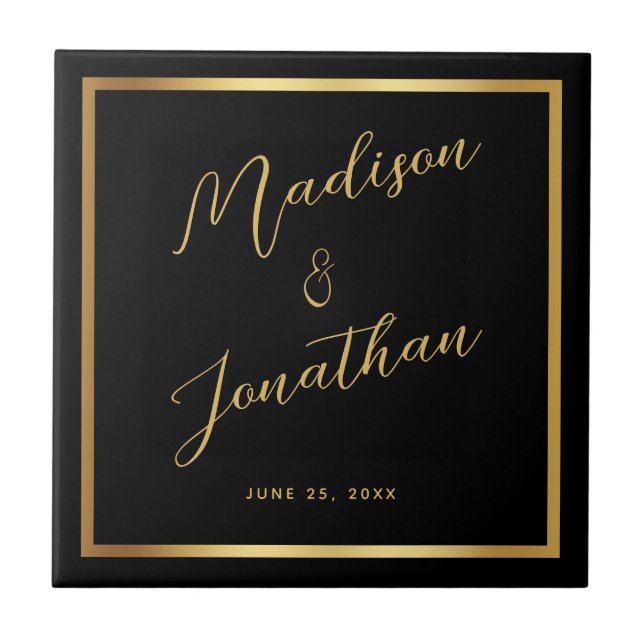 Chic Black Gold Shiny Border Script Wedding Ceramic Tile (Front)