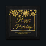 Chic Black Gold Snowflake Custom Christmas Party Gift Box<br><div class="desc">Chic corporate Christmas party gift box with Happy Holidays written in elegant gold cursive script under a beautiful border of snowflakes falling on  modern black holiday decor. Customise your professional presents for clients or employees with your company or business name.</div>