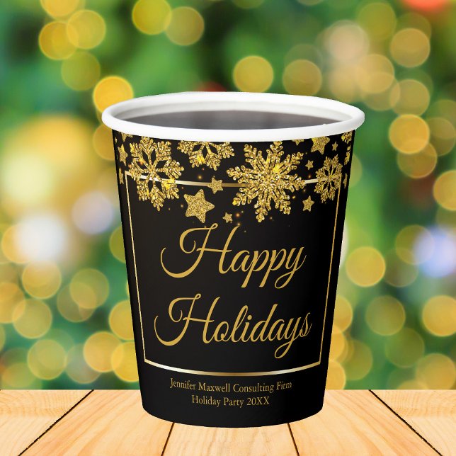 Chic Black Gold Snowflake Custom Christmas Party Paper Cups (Creator Uploaded)