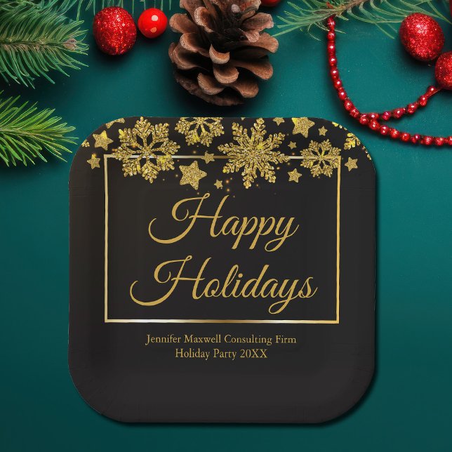 Chic Black Gold Snowflake Custom Christmas Party Paper Plate (Creator Uploaded)