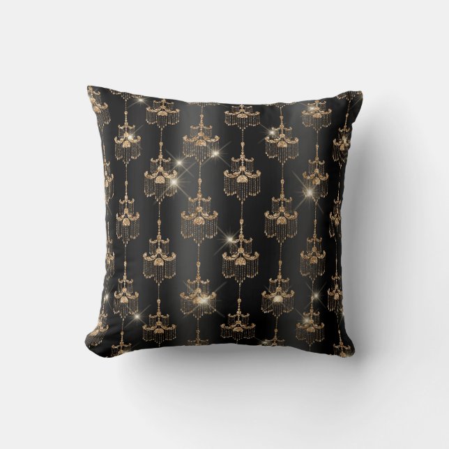 Chic Black Gold Sparkle Chandelier  Cushion (Front)