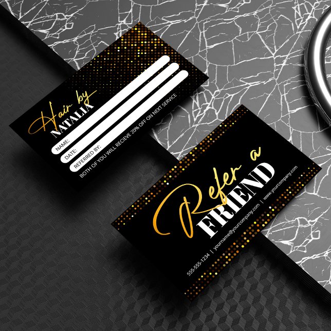 Chic Black Gold Sparkle Hair Stylist Salon Referral Card (Creator Uploaded)