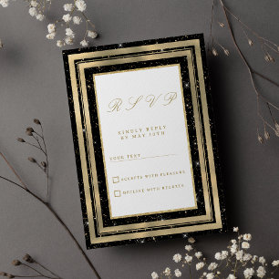 Chic black gold sparkly glitter confetti RSVP Invitation