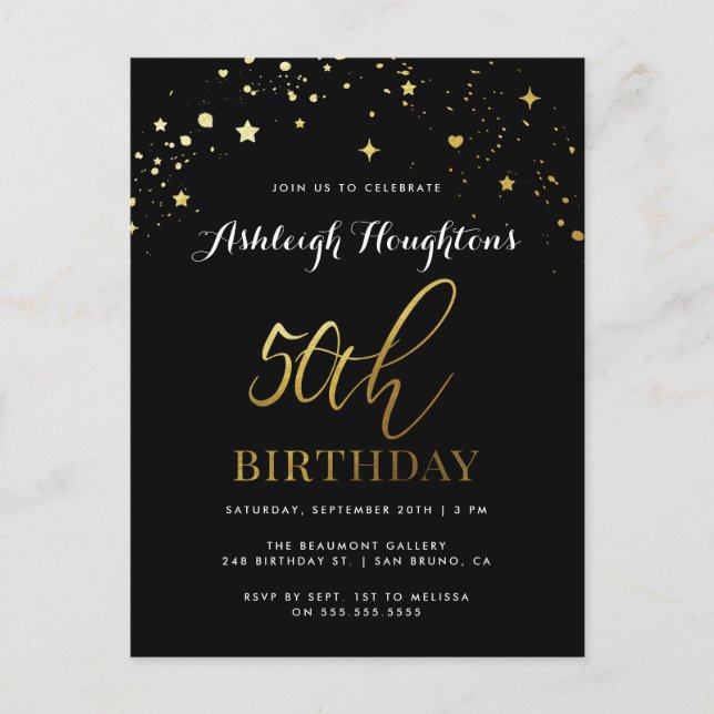 Chic Black & Gold Star Confetti 50th Birthday Invitation Postcard (Front)