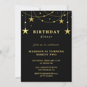 Chic Black Gold Stars Dinner 92nd birthday Invitation