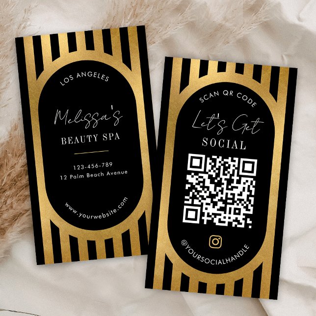 Chic Black & Gold Stripes Social Media QR Code Business Card (Creator Uploaded)