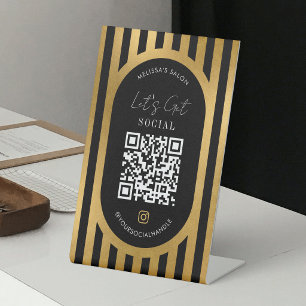 Chic Black & Gold Stripes Social Media QR Code Pedestal Sign