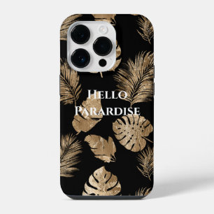 Chic Black Gold Tropical Leaves iPhone 14 Pro Case