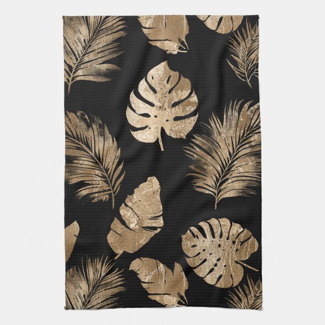 Chic Black Gold Tropical Leaves Tea Towel (Vertical)