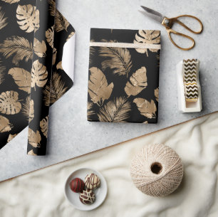 Chic Black Gold Tropical Leaves Wrapping Paper