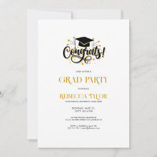 Chic Black & Gold Typography Grad Hat Party Invite