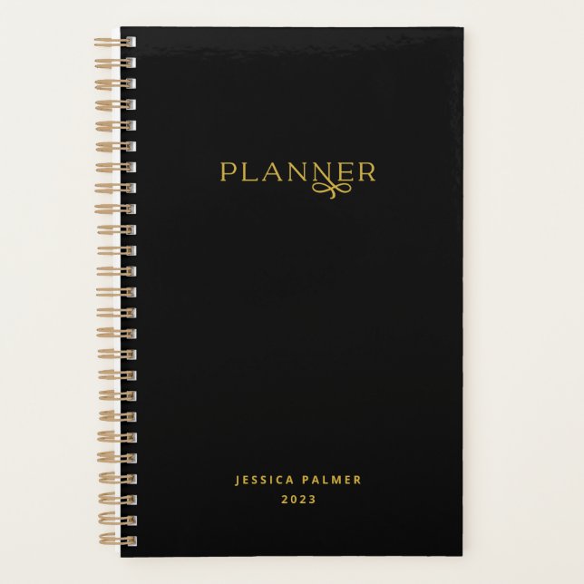 Chic Black Gold Weekly Monthly Name Non-Dated Planner (Front)