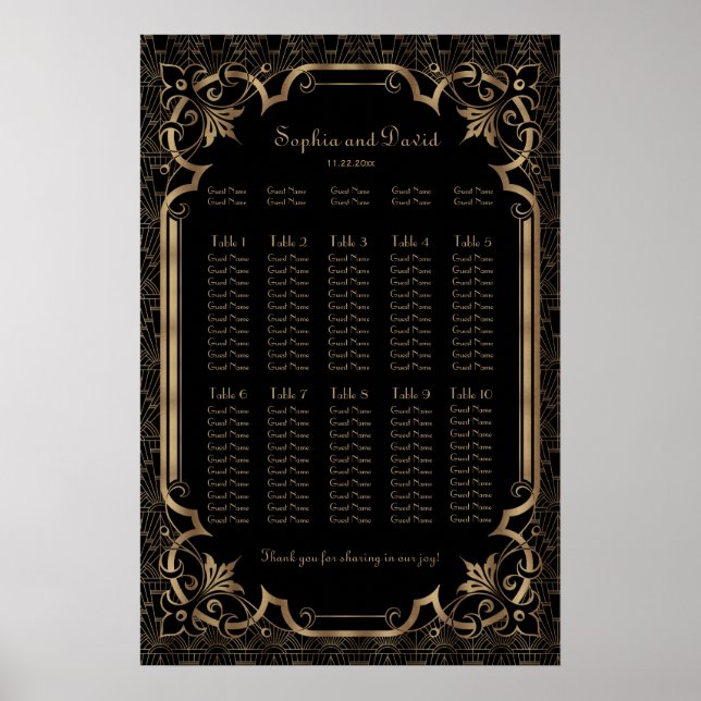 Chic Black Great Gatsby Art Deco Seating Chart (Front)