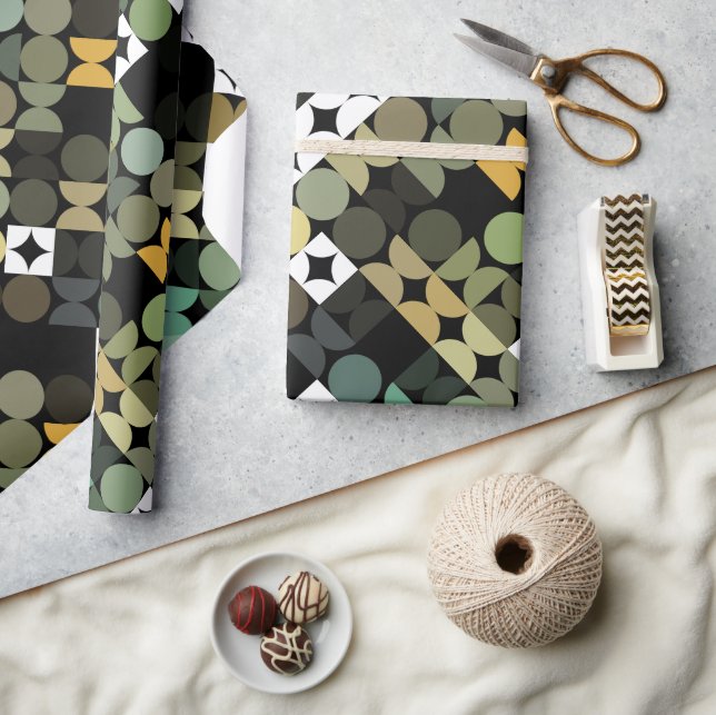 Chic Black Green Teal Blue Circles Art Pattern Wrapping Paper (Crafts)