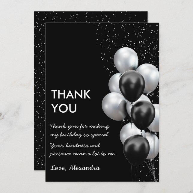 Chic Black Grey Balloon  Thank You Card (Front/Back)