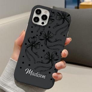 Chic Black Grey Coquette Bow Monogram iPhone 16 Case