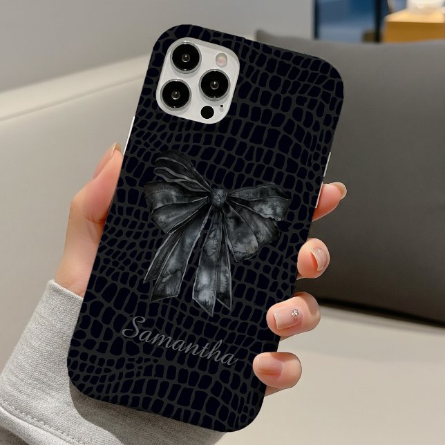 Chic Black Grey Coquette Crocodile Bow Monogram Case-Mate iPhone Case (Creator Uploaded)