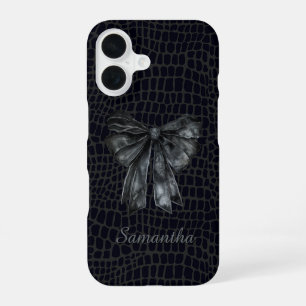 Chic Black Grey Coquette Crocodile Bow Monogram iPhone 16 Case