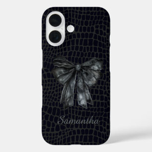 chic black grey crocodile coquette bow monogram iPhone 16 case