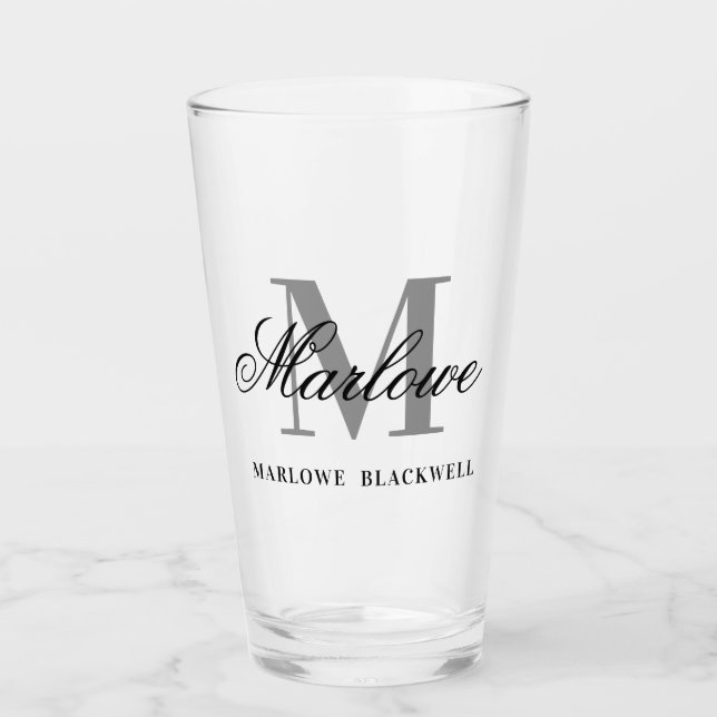 Chic Black Grey Monogram Calligraphy Glass (Front)