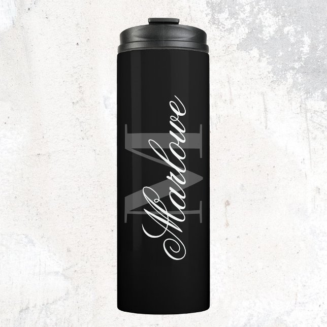 Chic Black Grey Monogram Calligraphy Thermal Tumbler (Creator Uploaded)