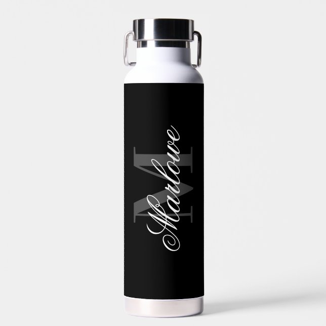 Chic Black Grey Monogram Calligraphy Water Bottle (Front)