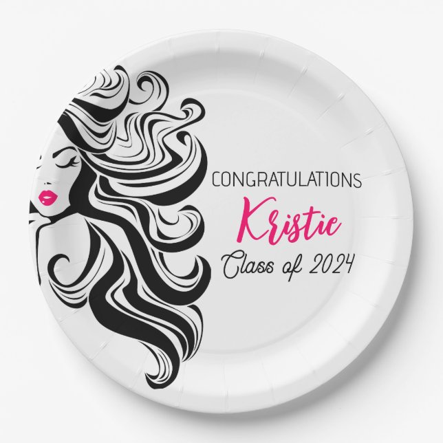 Chic Black Hair Stylist Graduation Party Retro  Paper Plate (Front)