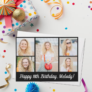 Chic Black Happy Birthday Photo Collage Flat Card