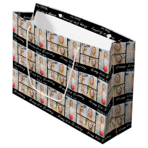 Chic Black Happy Birthday Photo Collage Large Gift Bag