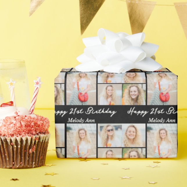 Chic Black Happy Birthday Photo Collage Wrapping Paper (Birthday Party)