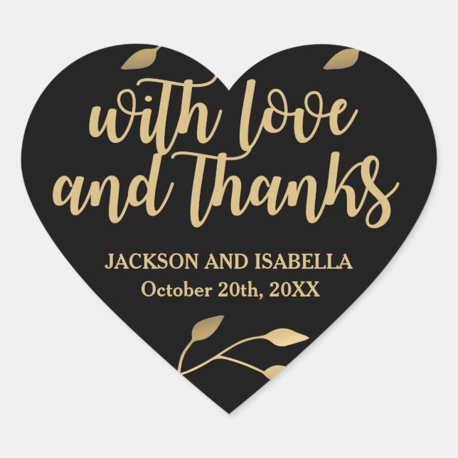 Chic Black Heart Wedding Sticker with Gold Text (Front)