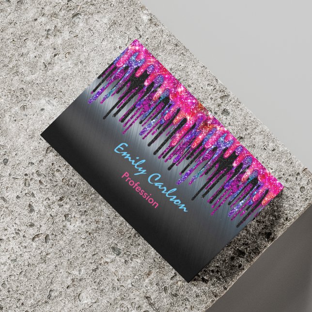 Chic black hot pink blue drips 	Magnetic business card (Creator Uploaded)