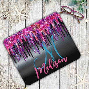 Chic black hot pink blue drips monogram mouse pad