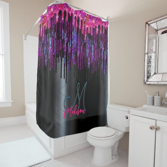 Chic black hot pink blue drips monogram shower curtain (In Situ)