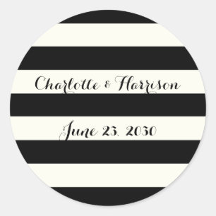 Chic black ivory stripes script names wedding classic round sticker