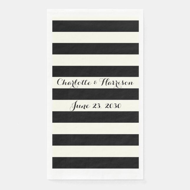 Chic black ivory stripes script names wedding napkin (Front)