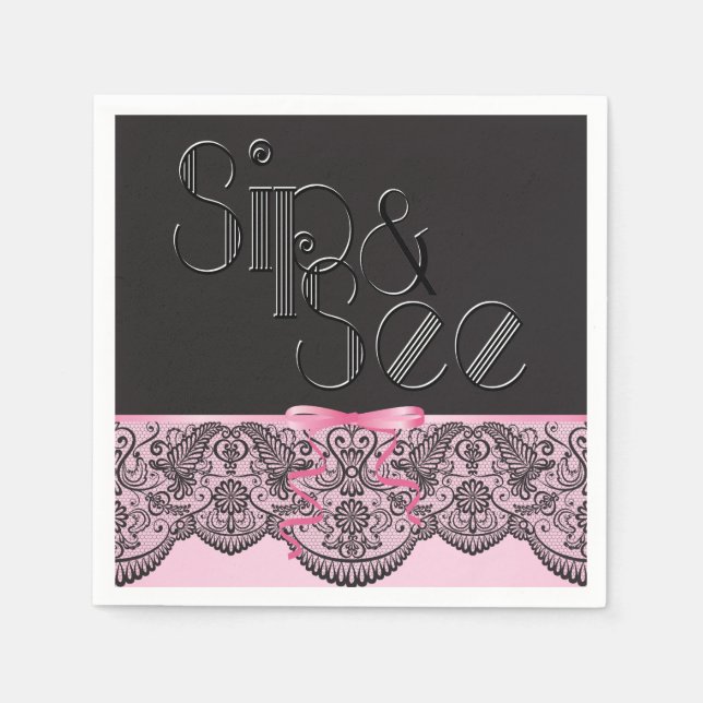 Chic Black Lace and Pink Sip and See Party Napkins (Front)