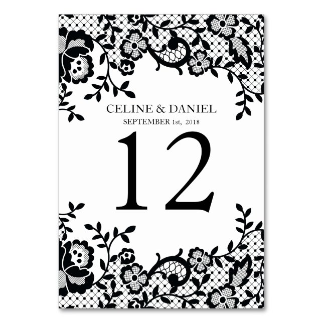 Chic Black Lace Personalised Wedding Table Number (Front)