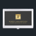 Chic Black Leather Business Corporate Gold Logo Business Card Holder<br><div class="desc">This luxury business card holder boasts a refined black grey leather-textured illustration, perfectly paired with your business logo over a faux gold overlay for a premium, professional look. Your name, profession, or firm name stands out in opulent gold-tone lettering, creating a timeless and unforgettable impression. Ideal for professionals across various...</div>