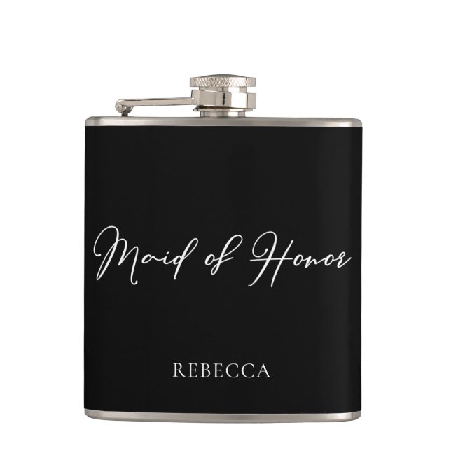 Chic Black Maid of Honour Personalised Hip Flask (Front)
