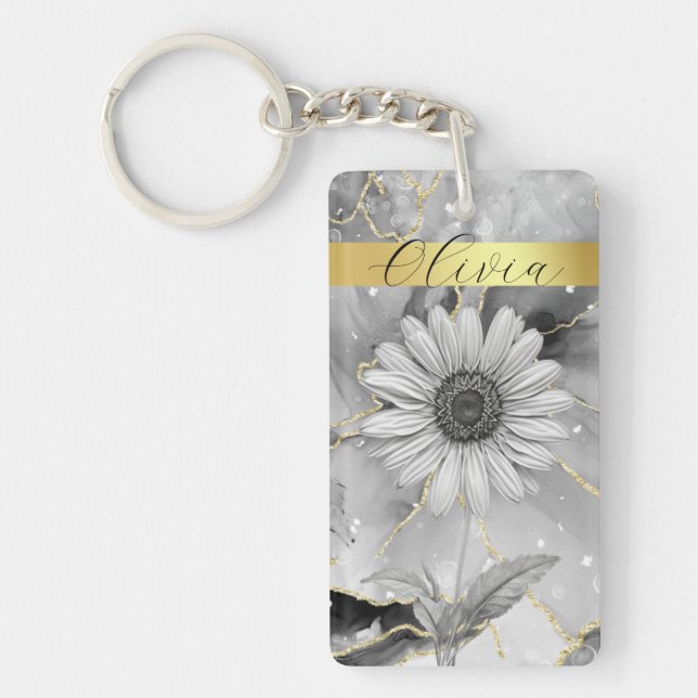 Chic Black Marble & Gold Daisy Custom Key Ring (Front)