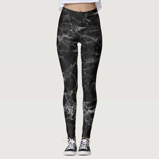 Chic Black Marble Pattern Modern Leggings (Front)