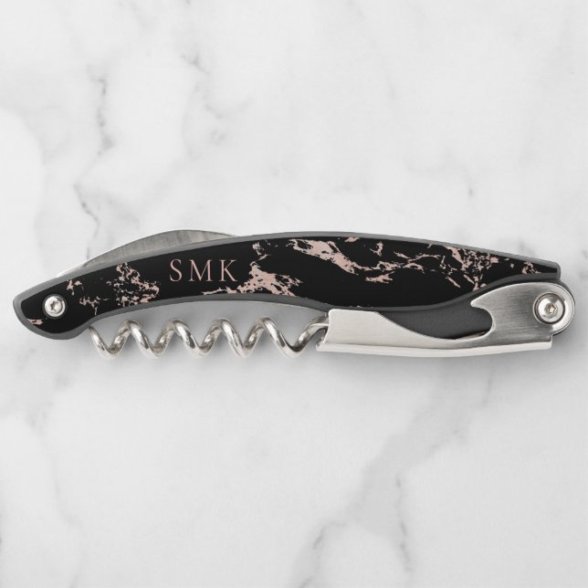 Chic Black Marble Rose Gold Foil Monogram Corkscrew (Back)