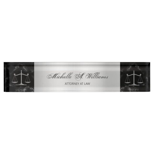 Chic Black Marble Silver Scales of Justice Lawyer Nameplate (Front)