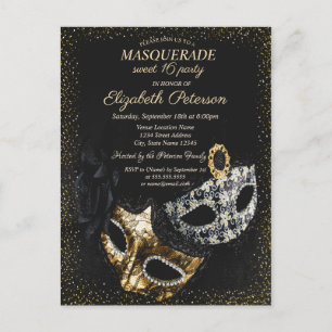 Chic Black Masquerade, Masque Confetti Sweet 16 Invitation Postcard