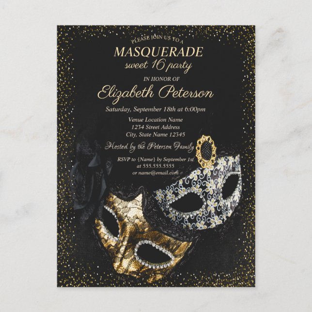 Chic Black Masquerade, Masque Confetti Sweet 16 Invitation Postcard (Front)