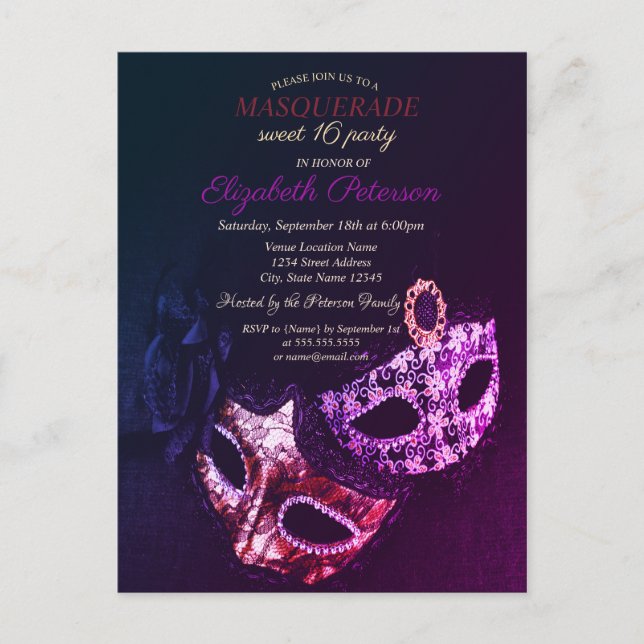 Chic Black Masquerade, Masque Sweet 16  Invitation Postcard (Front)