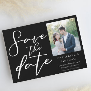 Chic Black Minimalist Modern Photo White Script Save The Date