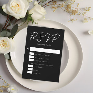 Chic Black Minimalist Wedding with Meal Choice RSVP Card