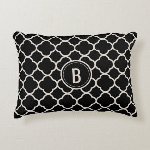 Chic Black Monogram Quatrefoil Pattern Decorative Cushion